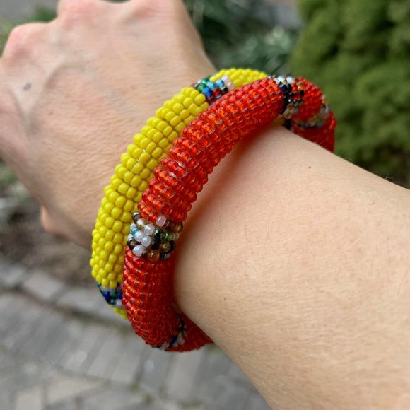 🌷3 for$25🌷2 African Style Beaded Orange & Yellow Bangle Seed Bead Bracelet - Picture 3 of 7